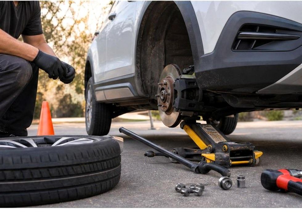 Wheel-off repair with the car jacked at a Newport News driveway